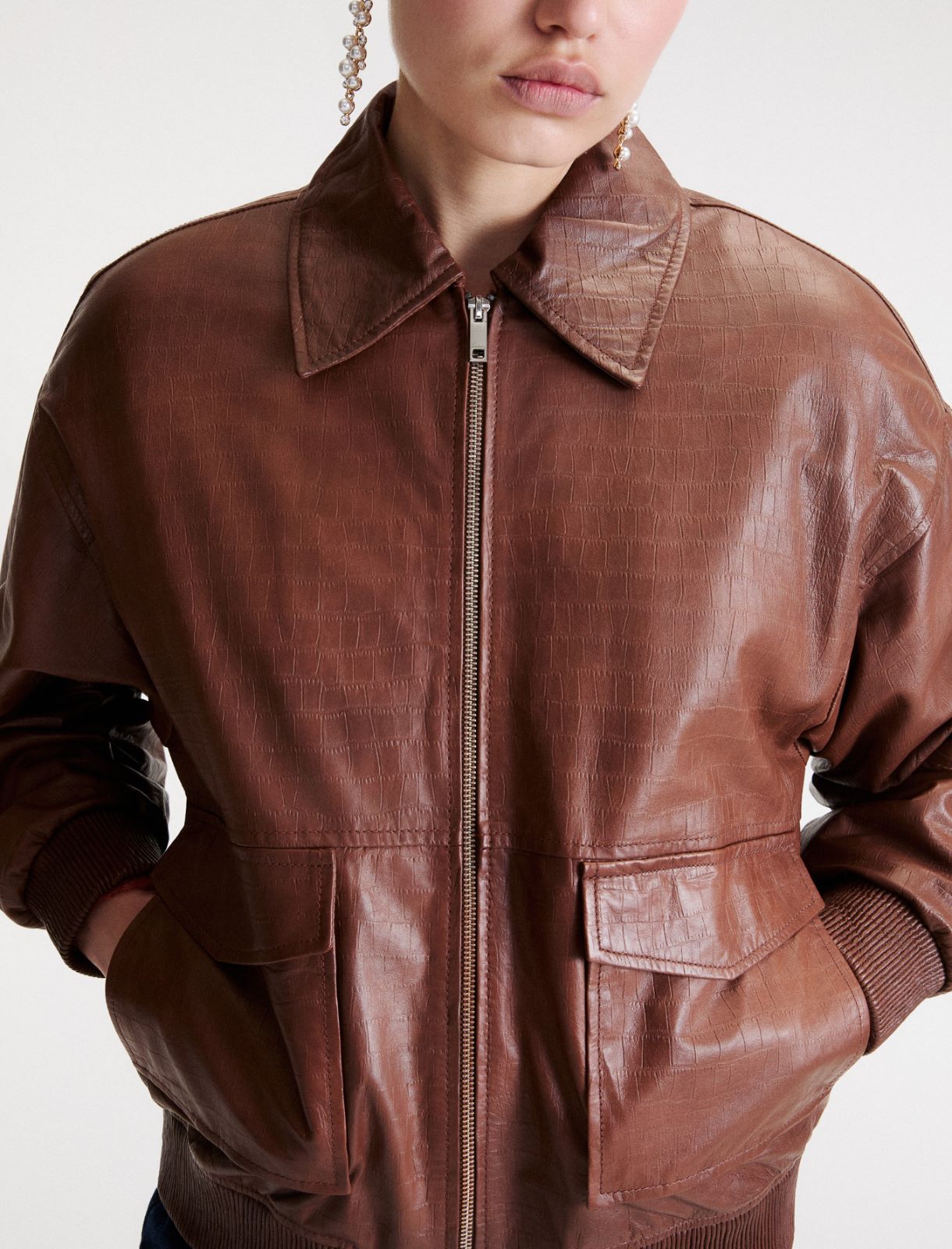 Crocodile-print leather jacket - BROWN - Marella - 5