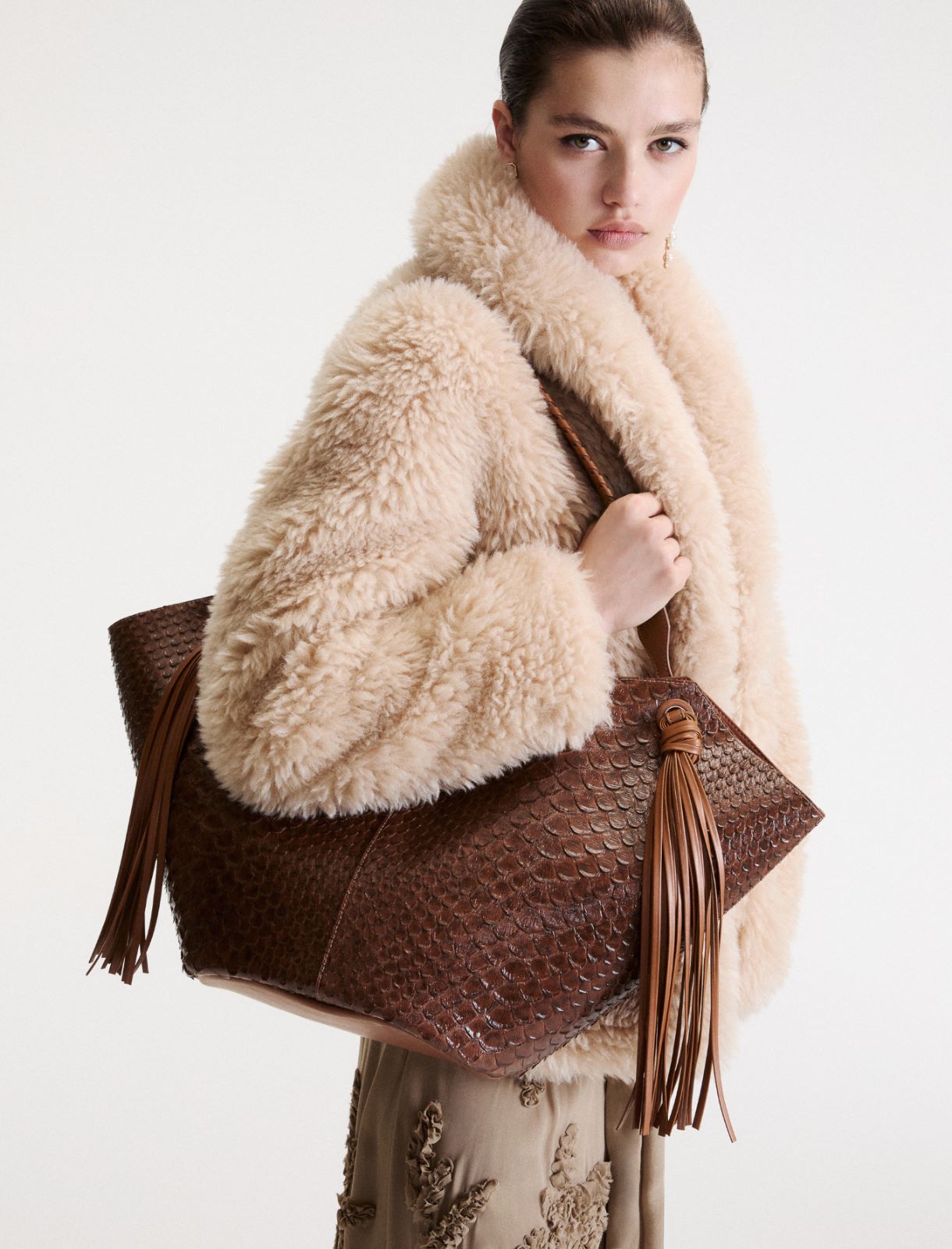 Reptile-print shopper bag with maxi tassels - CARAMEL - Marella - 4