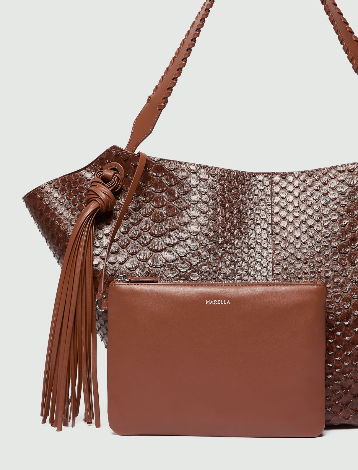 Reptile-print shopper bag with maxi tassels - CARAMEL - Marella - 5