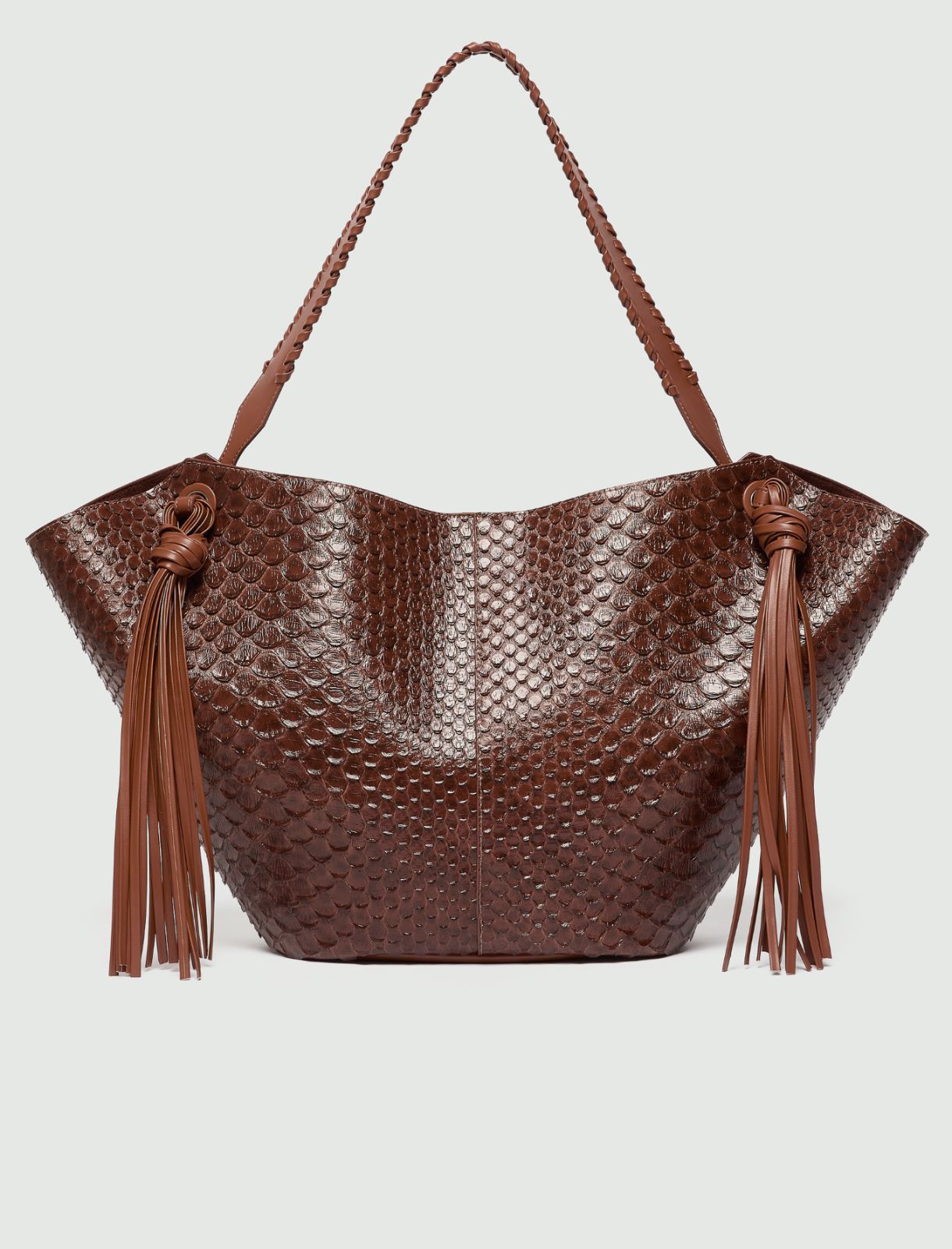 Reptile-print shopper bag with maxi tassels - CARAMEL - Marella