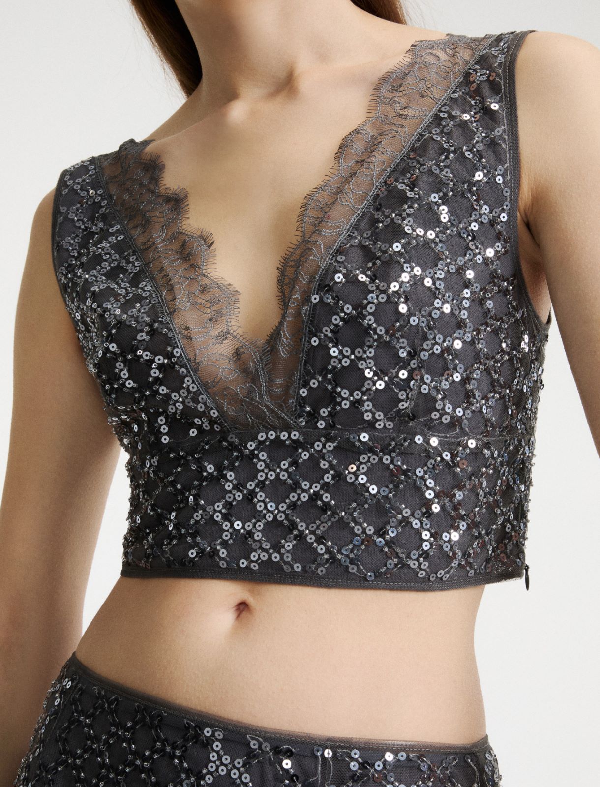 Sequinned tulle crop top - MEDIUM GREY - Marella - 5