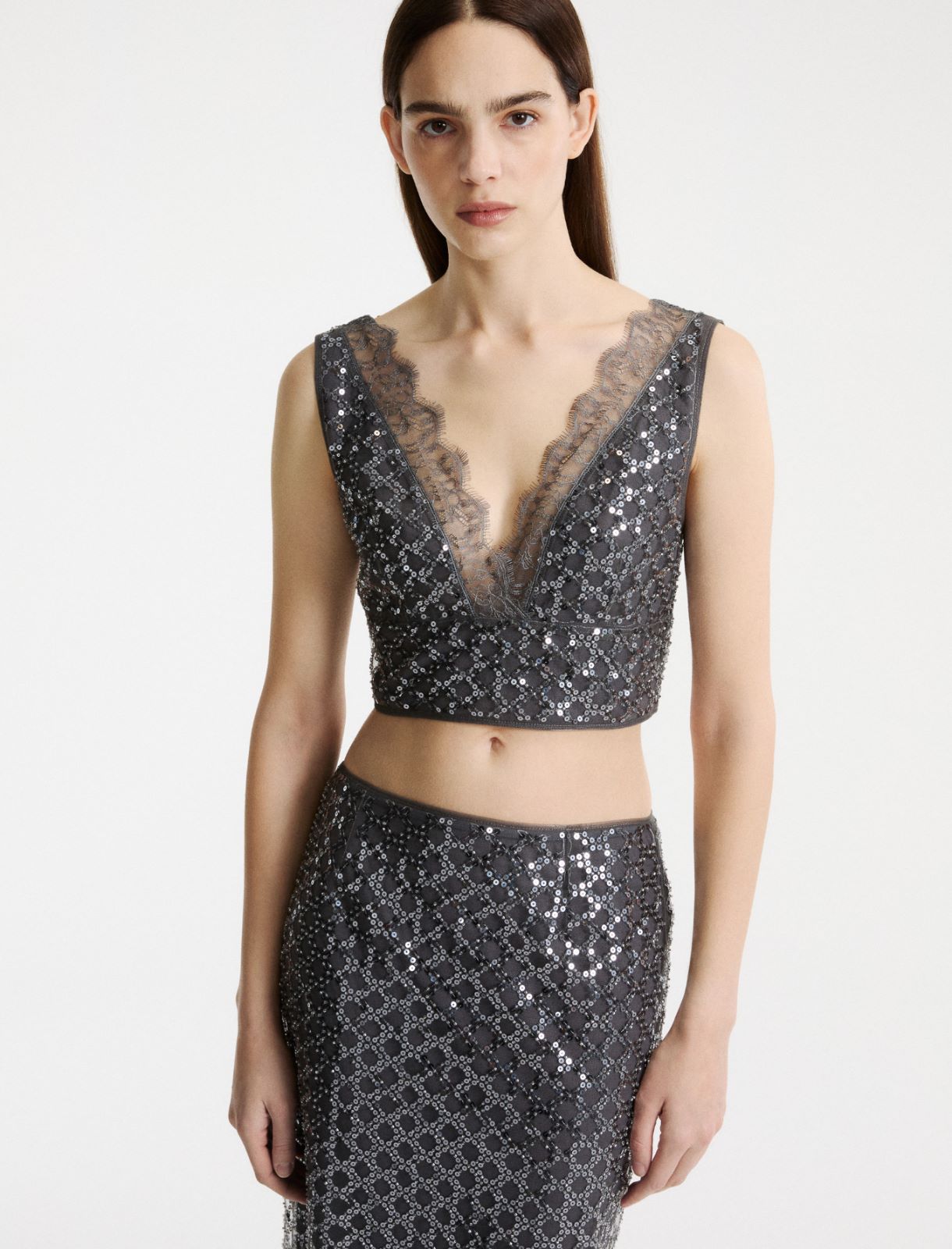 Sequinned tulle crop top - MEDIUM GREY - Marella - 6