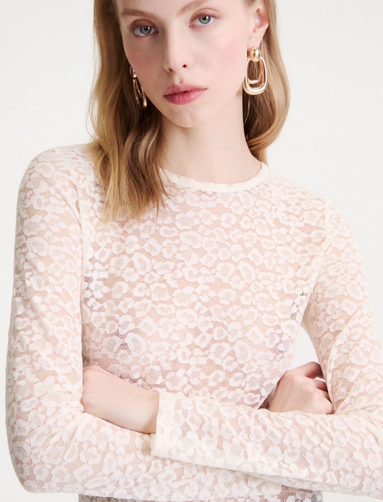 T-shirt a manica lunga in jersey pizzo - PANNA - Marella - 5