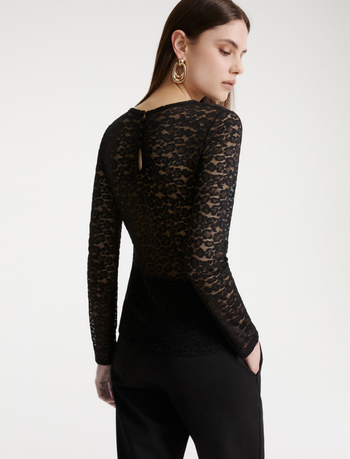 T-shirt a manica lunga in jersey pizzo - NERO - Marella - 3