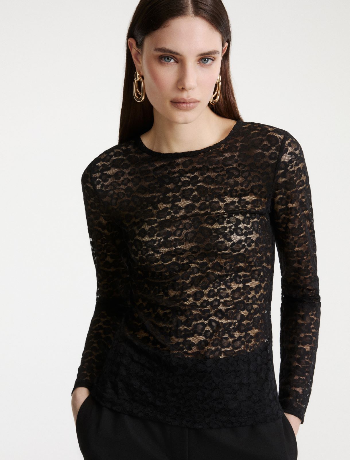 T-shirt a manica lunga in jersey pizzo - NERO - Marella - 6