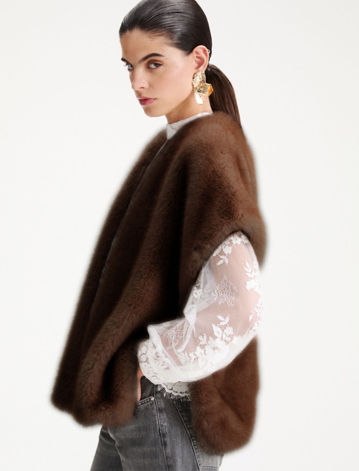 Furry fabric gilet - DARK BROWN - Marella - 5